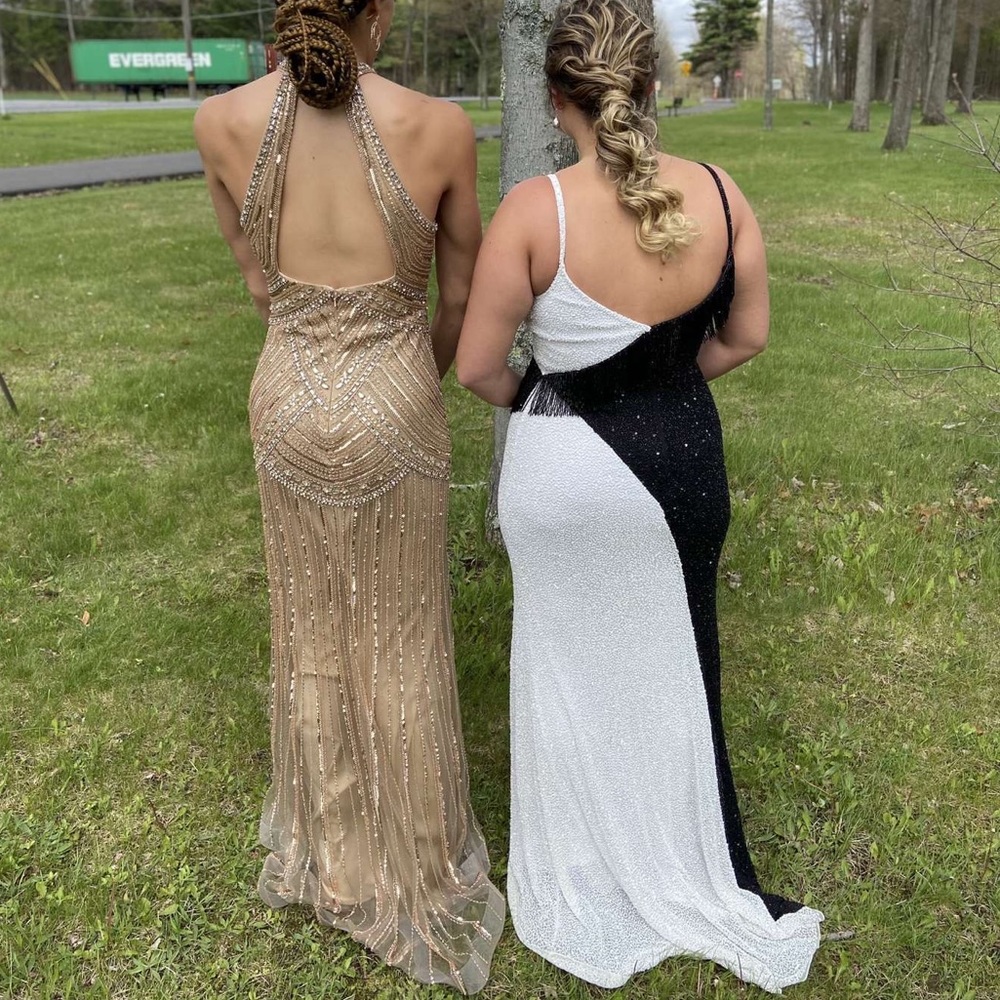 Dress on left. Gold and nude full length dress. Jovani size 8.